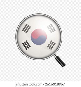 Realistic South Korea flag with magnifying glass
