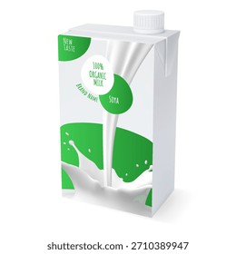 Realistic soy milk packaging with a vibrant green design. Organic product. Healthy eating, lifestyle. Diet drink. Advertising design for websites and blogs. Vector illustration. Isolated background.