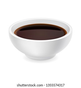 Realistic soy sauce in a bowl. 3d vector illustration of balsamic vinegar isolated on white background. Dressing in round ramekin. Side view