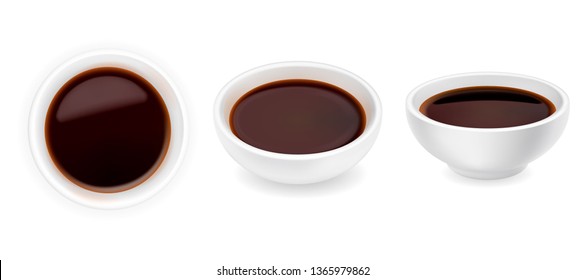 Realistic Soy Sauce In A Bowl Set. 3d Vector Illustration Of Balsamic Vinegar Isolated On White Background. Dressing In Round Ramekin. Side And Top View