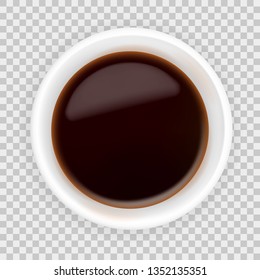 Realistic Soy Sauce In A White Bowl. 3d Vector Illustration Of Balsamic Vinegar Isolated On Transparent Background. Spicy Dressing In Ramekin. Top View