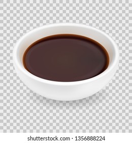 Realistic Soy Sauce In A White Bowl. 3d Vector Illustration Of Balsamic Vinegar Isolated On Transparent Background. Dressing In Round Ramekin. Side View