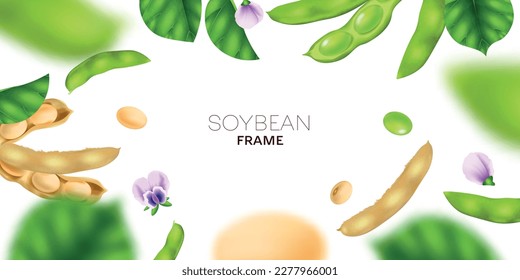 Realistic soybean frame with green and white soy beans and flowers vector illustration