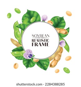 Realistic soybean frame with green white beans and flowers vector illustration