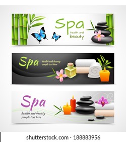 Realistic spa beauty health care banner set with stones towels candles isolated vector illustration