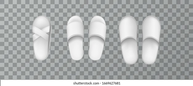 Realistic Spa Clothing Mockup Set. Soft Slippers Home And Beach Shoes. Set Textile Cotton For Spa And Bathroom Vector Illustration