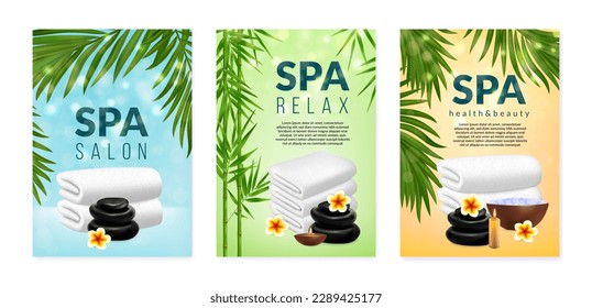 Realistic spa posters. Salon wellness. Realistic towel and massage stones. Relaxing aromatherapy layout for bath with wrap. Skin care and healthcare. Vector beauty banners design set