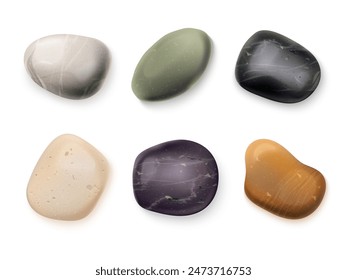 Realistic spa stone. Pebble white smooth rock, beautiful sea river stones marble white gray pebbles for zen meditation massage or garden, mineral texture exact vector illustration