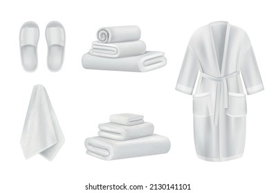 Realistic spa towel clothing white set with isolated images of slippers towel stacks napkins and gown vector illustration