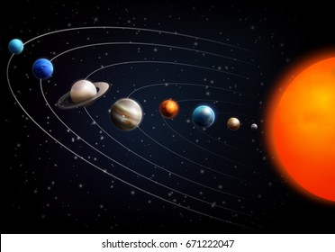 Realistischer Weltraum-Hintergrund mit allen Planeten des Sonnensystems auf schwarz-liebter Vektorgrafik