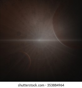 Realistic  space background (planets round sun beams).cosmic space.Light of the sun illuminates the dark planet.vector illustration eps10.