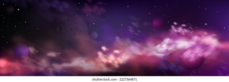 Realistic space background with planets, stars and nebula clouds in colorful purple and blue colored sky. Fantasy heaven, cosmos panoramic landscape, far universe, infinity 3d vector illustration