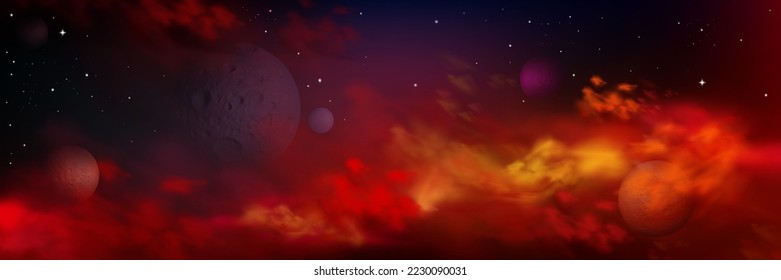 Realistic space background with planets, stars and nebula clouds in vibrant red and orange colored sky. Fantasy heaven, deep cosmos panoramic landscape, far universe, infinity 3d vector illustration