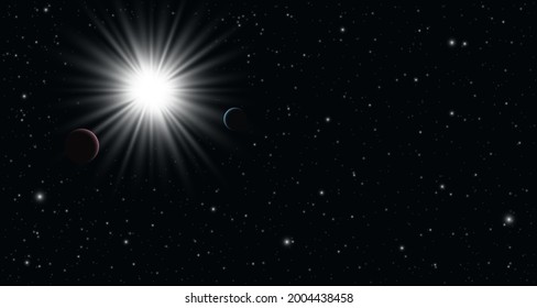 Realistic space background with stars and planets. Starry outer space background texture. Panoramic view. Abstract cosmos imagination. Astronomical luminous objects. 3d vector illustration