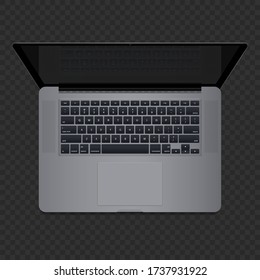 Realistic Space Gray Laptop Computer, Top down view, Keyboard, reflection on the screen. Laptop isolated on transparent background. Vector Illustration EPS 10