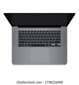 Realistic Space Gray Laptop Computer, Top down view, Keyboard, reflection on the screen. Laptop  isolated on white background. Vector Illustration EPS 10