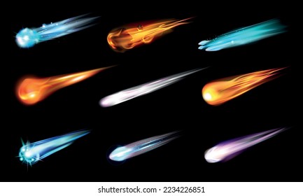 Realistic space meteor comet star set with isolated icons colorful images of flying meteorites with tails vector illustration