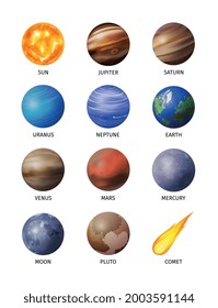 Realistischer Weltraum-Planet einzeln auf den zwölf Planeten unseres Sonnensystems Vektorgrafik