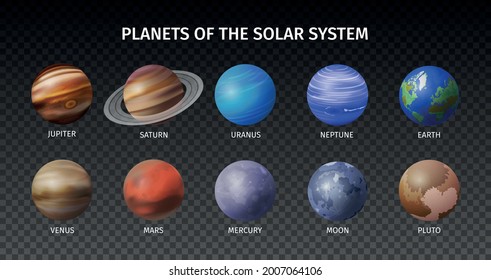 Realistic space planet transparent icon set with planet of the solar system and transparent background vector illustration