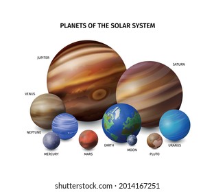 Realistic space planets colored concept with sizes of planet of the solar system on white background vector illustration