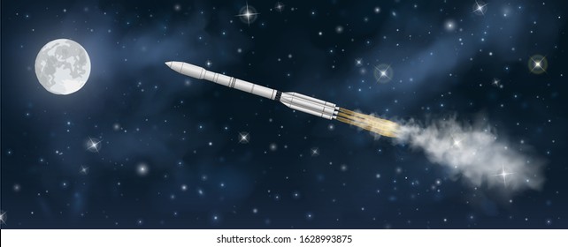 Realistic space rocket flying to the moon at night starry sky. Beautiful 3d spaceship horizontal vector illustration.