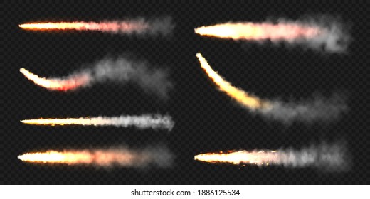 Realistic space rocket launch trails. Fire burst, explosion. Missile or bullet trail. Jet aircraft tracks. Smoke clouds, fog. Steam flow. Vector illustration.