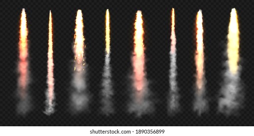 Realistic space rocket launch trails. Fire burst, explosion. Missile or bullet trail. Jet aircraft tracks. Smoke clouds, fog. Steam flow. Vector illustration.