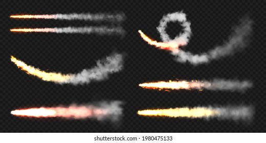 Realistic space rocket launch trails. Fire burst, explosion. Missile or bullet trail. Jet aircraft tracks. Smoke clouds, fog. Steam flow. Vector illustration.
