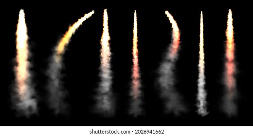 Realistic space rocket launch trails on black background. Fire burst, explosion. Missile or bullet trail. Jet aircraft tracks. Smoke clouds, fog. Steam flow. Vector illustration.