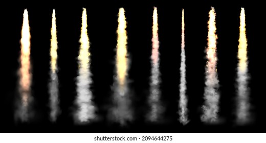 Realistic space rocket launch trails on black background. Fire burst, explosion. Missile or bullet trail. Jet aircraft tracks. Smoke clouds, fog. Steam flow. Vector illustration.