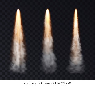 Realistic space rocket launch trails set. Fire burst, explosions isolated on transparent background. Missile or bullet trail. Jet aircraft tracks. Smoke clouds, fog. 3d vector illustration.