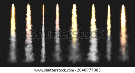 Realistic space rocket launch trails. Fire burst, explosion. Missile or bullet trail. Jet aircraft tracks. Smoke clouds, fog. Steam flow. Vector illustration.