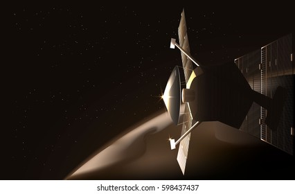 In the realistic space satellite, spaceship against the starry space. Vector illustration.