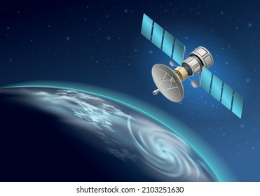 Realistic spacecraft background with satellite orbiting earth vector illustration