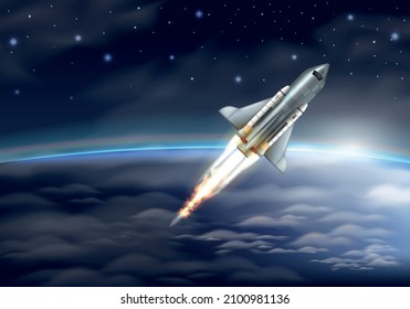 Realistic Spacecraft Flying In Space On Background With Stars And Clouds Vector Illustration