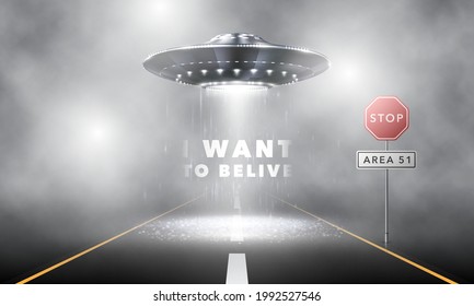 Realistic spaceship in the fog. An unidentified flying object hovers over the road at night. Aliens in a spaceship are invading area 51. Vector illustration