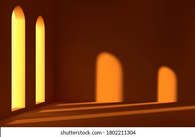 Realistic spacious 3d room with large windows. Empty room falls shadow of sunlight. vector illustration