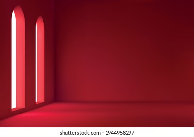 Realistic spacious 3d room with large windows. Red Empty room. vector illustration - Shutterstock ID 1944958297