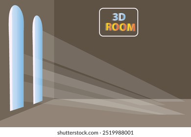 Quarto 3D espaçoso realista com janelas grandes. Conceito de ilustração de vetor de plano de fundo de sala vazia