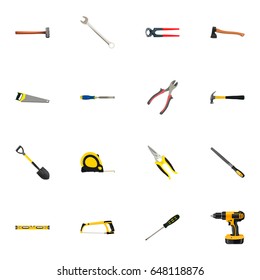 Realistic Spade, Carpenter, Sharpener And Other Vector Elements. Set Of Tools Realistic Symbols Also Includes Pliers, Emery, Wrench Objects.
