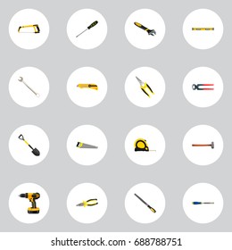 Realistic Spade, Electric Screwdriver, Length Roulette And Other Vector Elements. Set Of Tools Realistic Symbols Also Includes Tape, Spanner, Chisel Objects.
