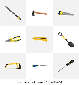 Realistic Spade, Hatchet, Sharpener And Other Vector Elements. Set Of  Realistic Symbols Also Includes Pincers, Spade, Saw Objects.