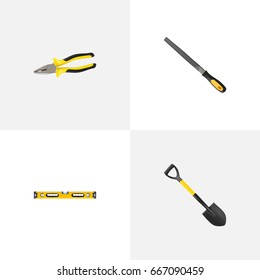 Realistic Spade, Pliers, Sharpener And Other Vector Elements. Set Of Tools Realistic Symbols Also Includes Level, Instrument, Pincers Objects.