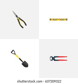 Realistic Spade, Plumb Ruler, Nippers And Other Vector Elements. Set Of Instruments Realistic Symbols Also Includes Long, Shovel, Spade Objects.