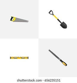 Realistic Spade, Sharpener, Plumb Ruler And Other Vector Elements. Set Of Tools Realistic Symbols Also Includes Hacksaw, Saw, Sawmill Objects.