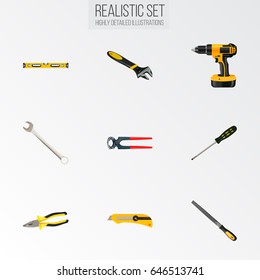 Realistic Spanner, Carpenter, Electric Screwdriver And Other Vector Elements. Set Of Tools Realistic Symbols Also Includes Key, Screwdriver, Ruler Objects.
