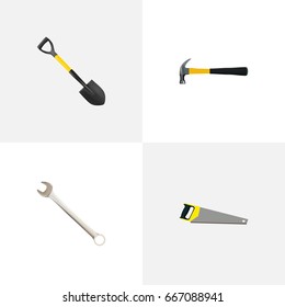 Realistic Spanner, Claw, Hacksaw And Other Vector Elements. Set Of Instruments Realistic Symbols Also Includes Sawmill, Spade, Hammer Objects.