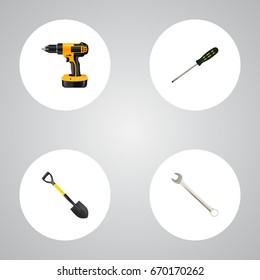 Realistic Spanner, Electric Screwdriver, Carpenter And Other Vector Elements. Set Of Tools Realistic Symbols Also Includes Spanner, Electric, Instrument Objects.