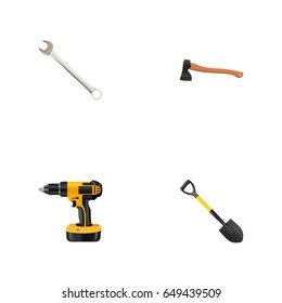 Realistic Spanner, Electric Screwdriver, Hatchet And Other Vector Elements. Set Of Instruments Realistic Symbols Also Includes Axe, Instrument, Spanner Objects.