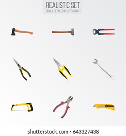 Realistic Spanner, Hatchet, Handle Hit Vector Elements. Set Of Instruments Realistic Symbols Also Includes Long, Hatchet, Instrument Objects.